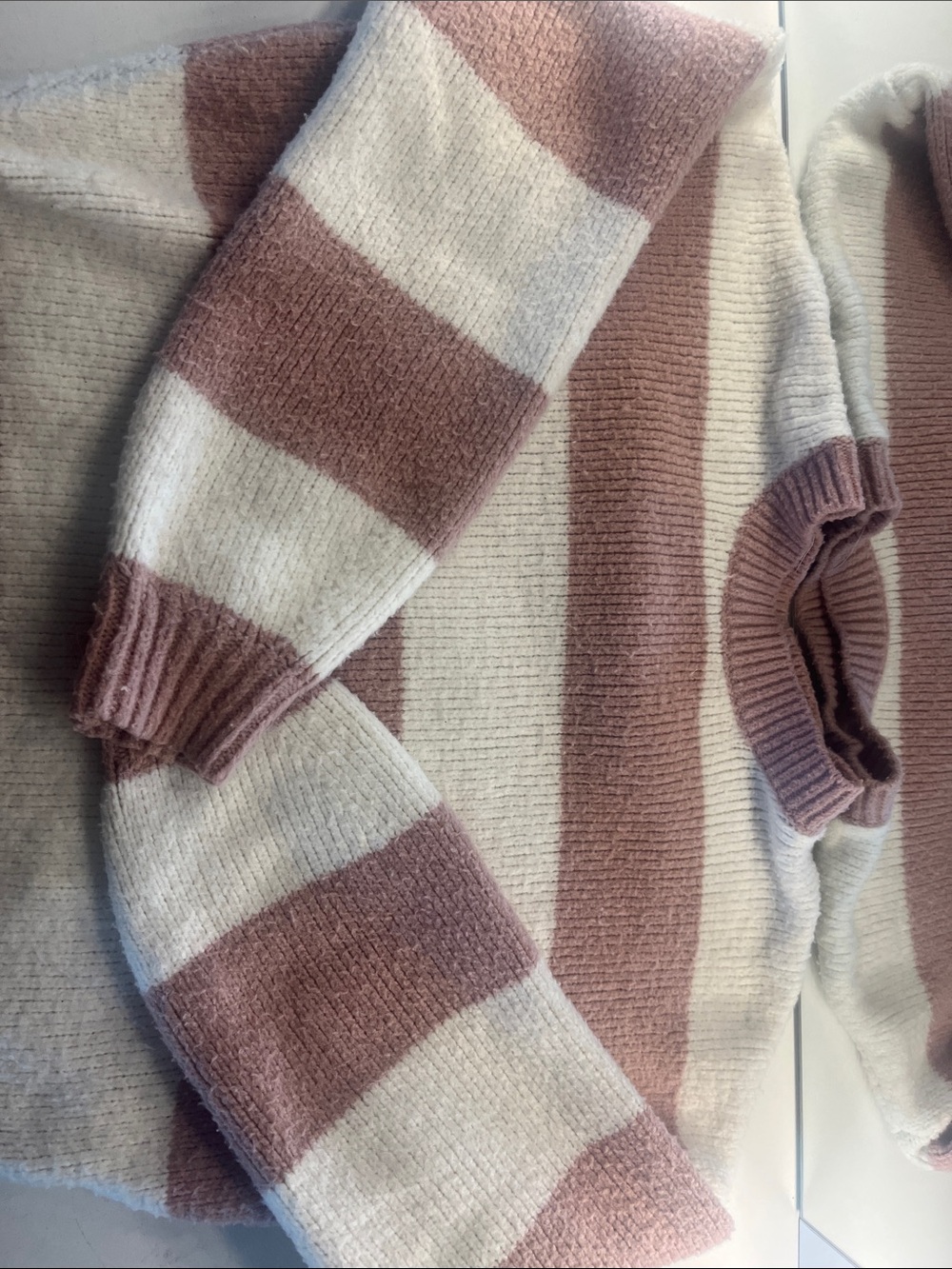 Hollister Cream and Dusty Pink Striped Crewneck Sweater